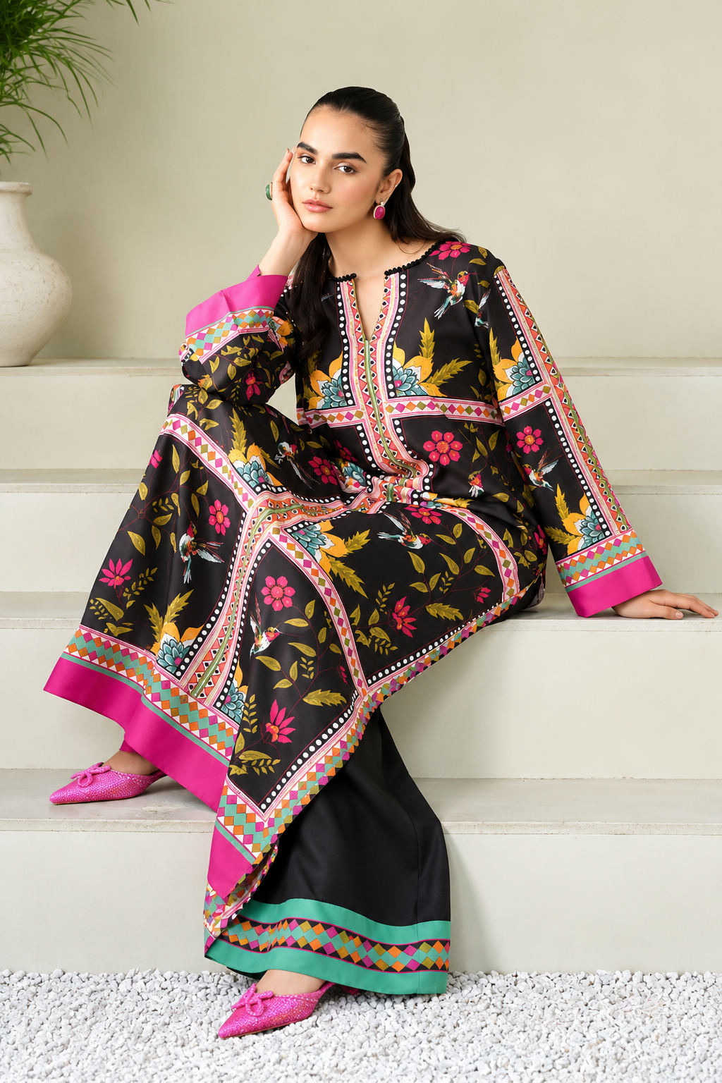 Black Floral Printed 3-Piece Unstitched Suit