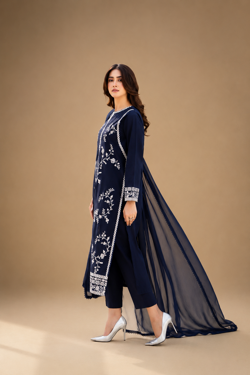Elegant Navy Blue Embroidered 3-Piece Suit