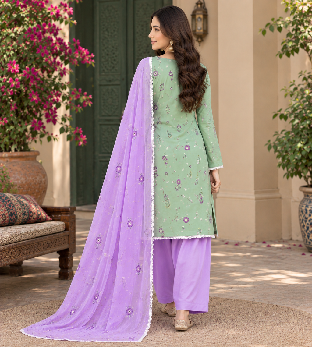 Mint Green & Lilac Embroidered 3-Piece Suit