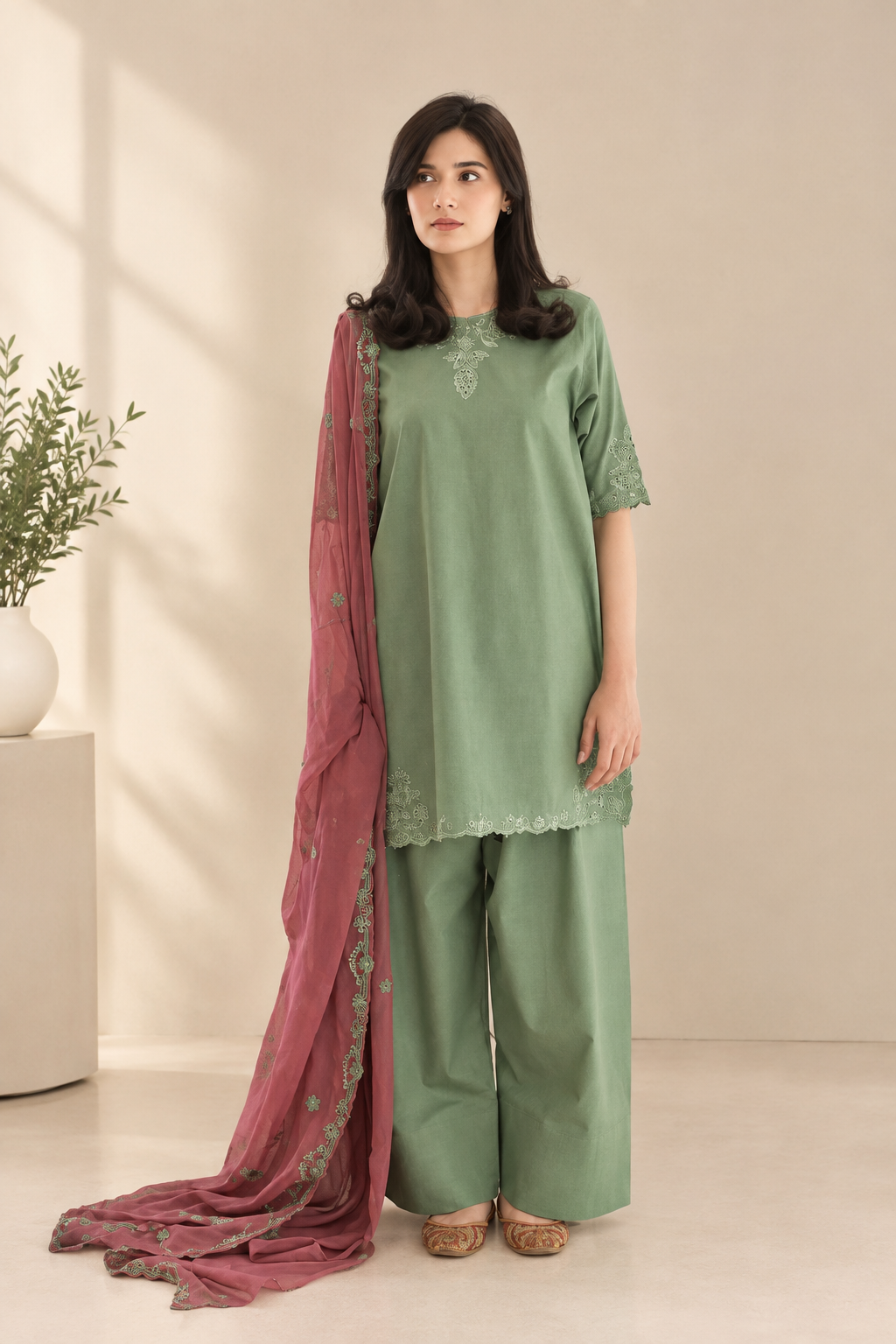 Sage Green Stitched 3PC Embroidered Suit