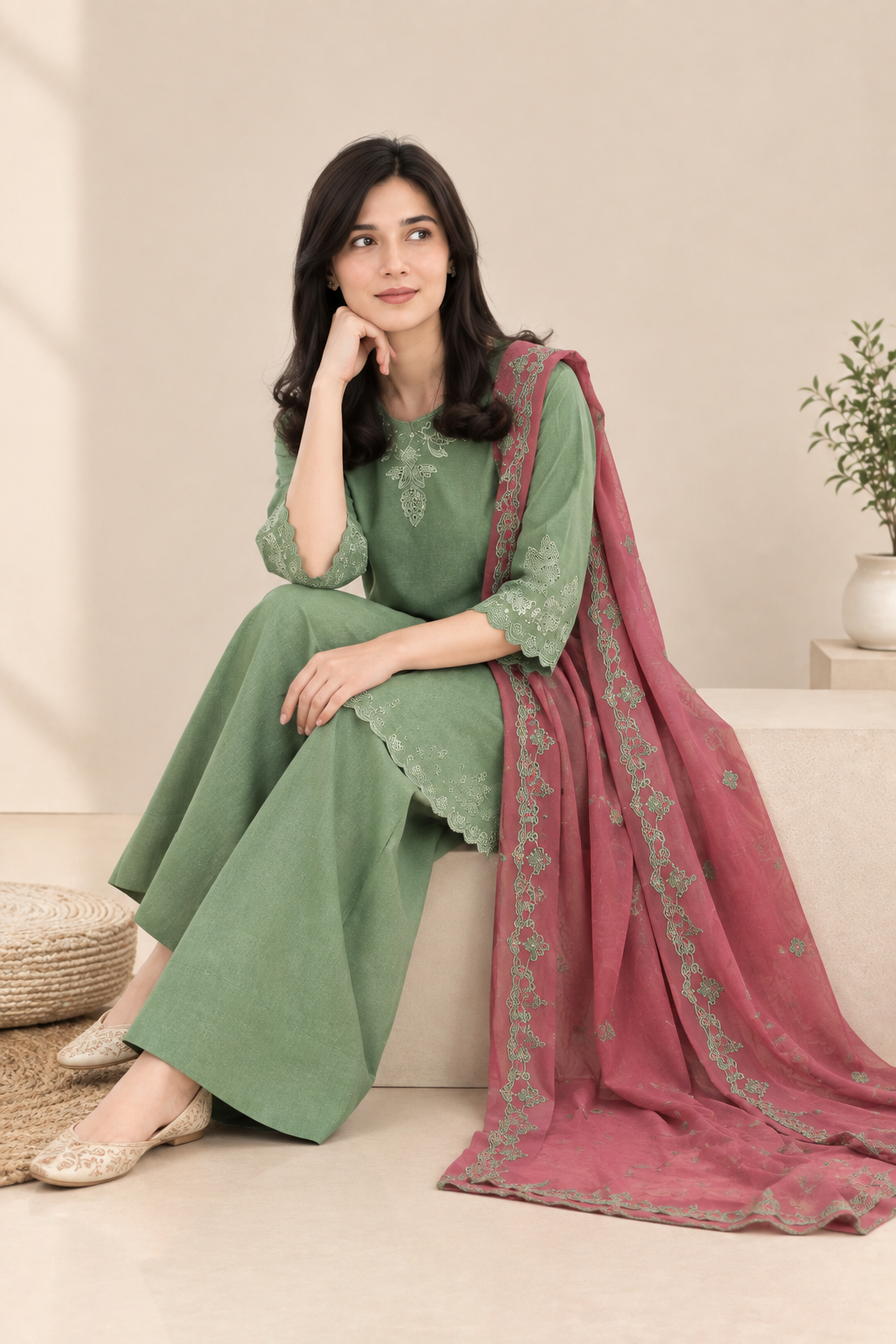 Sage Green Stitched 3PC Embroidered Suit