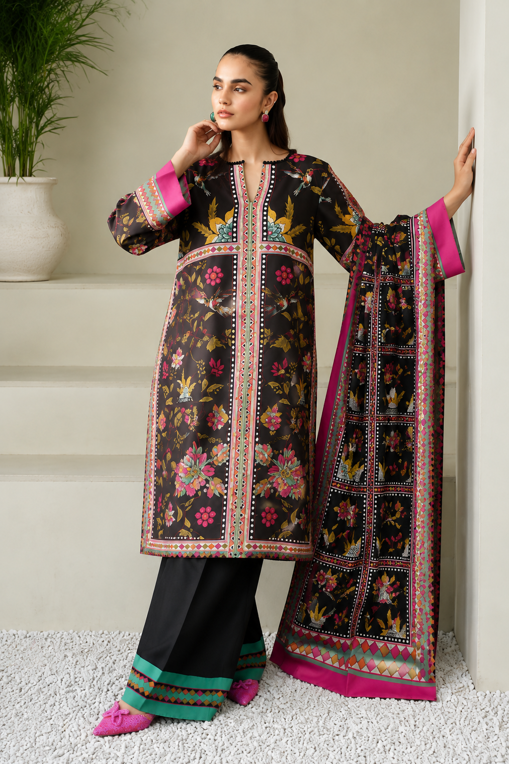 Black Floral Printed 3-Piece Unstitched Suit