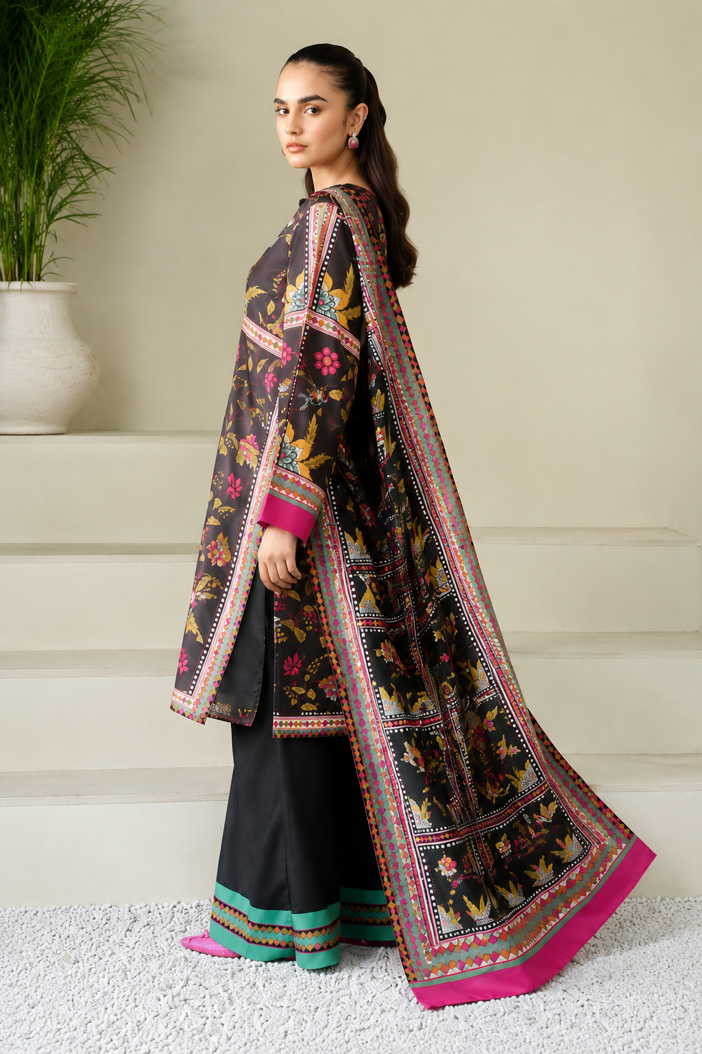 Black Floral Printed 3-Piece Unstitched Suit