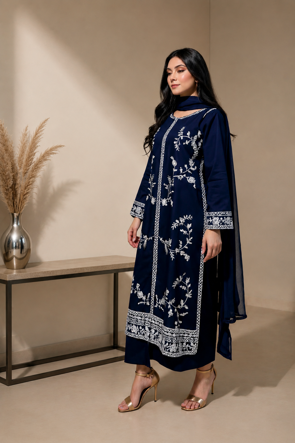 Elegant Navy Blue Embroidered 3-Piece Suit