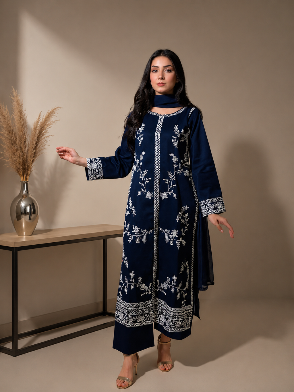 Elegant Navy Blue Embroidered 3-Piece Suit