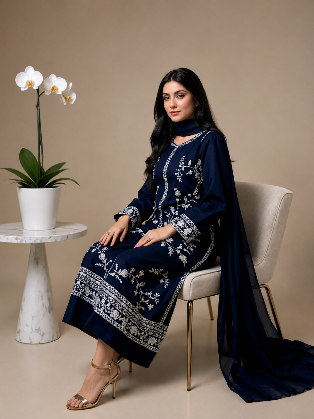 Elegant Navy Blue Embroidered 3-Piece Suit
