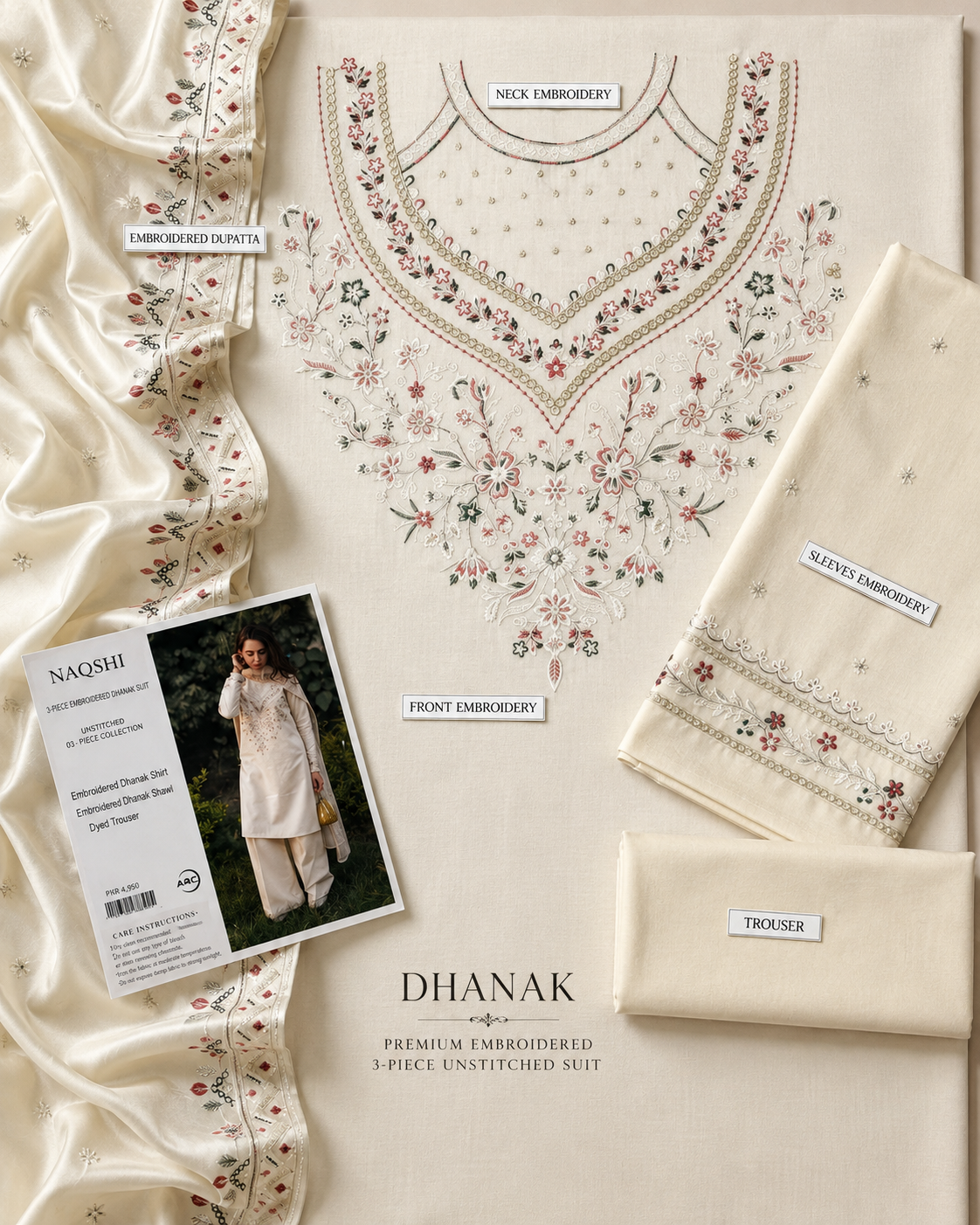 Elegant Ivory Embroidered Lawn 3-Piece Suit