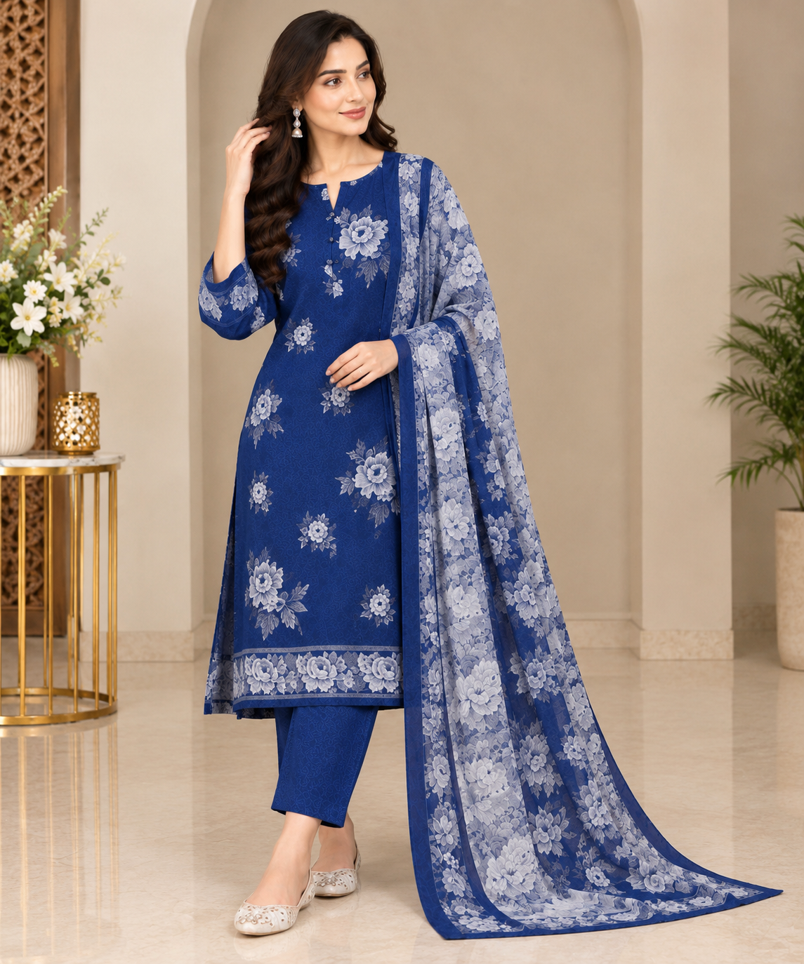 Royal Blue Floral Printed Unstitched 3-Piece Suit