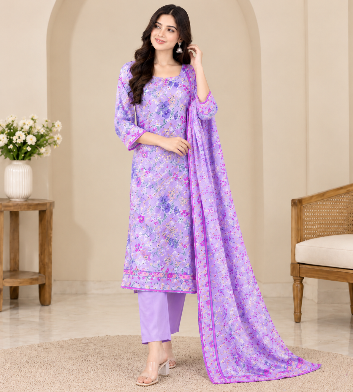 Lavender Bloom Digital Printed 3-Piece Suit