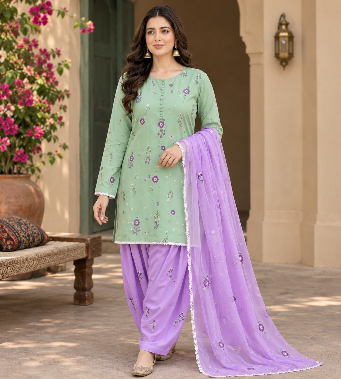 Mint Green & Lilac Embroidered 3-Piece Suit