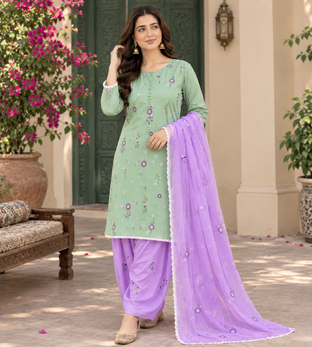 Mint Green & Lilac Embroidered 3-Piece Suit