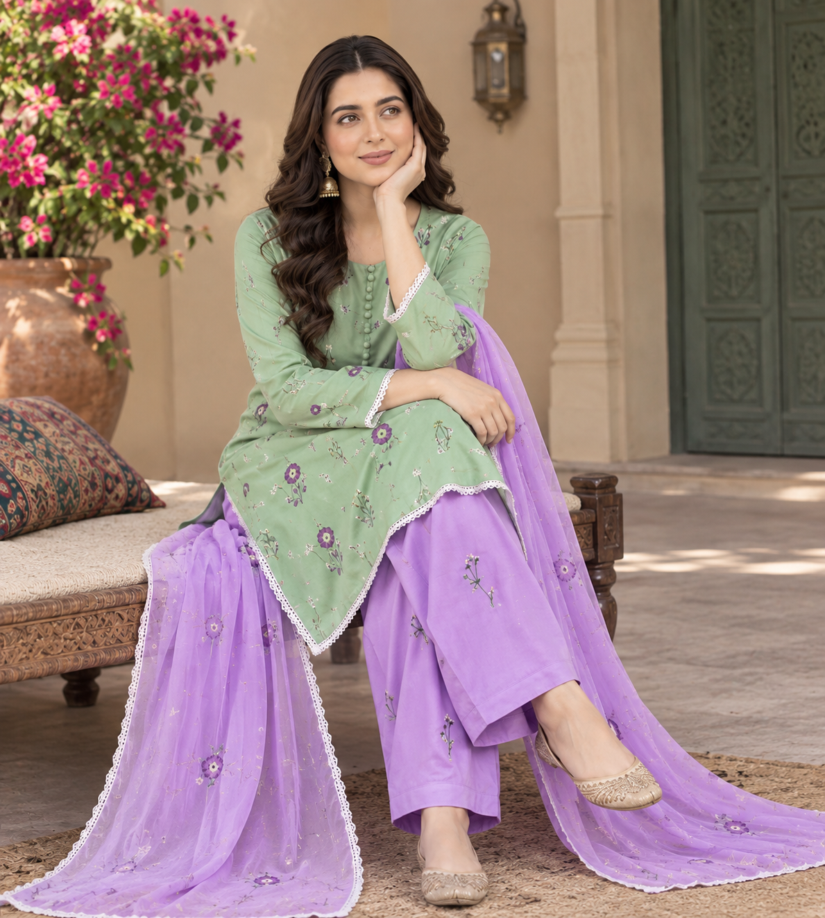 Mint Green & Lilac Embroidered 3-Piece Suit