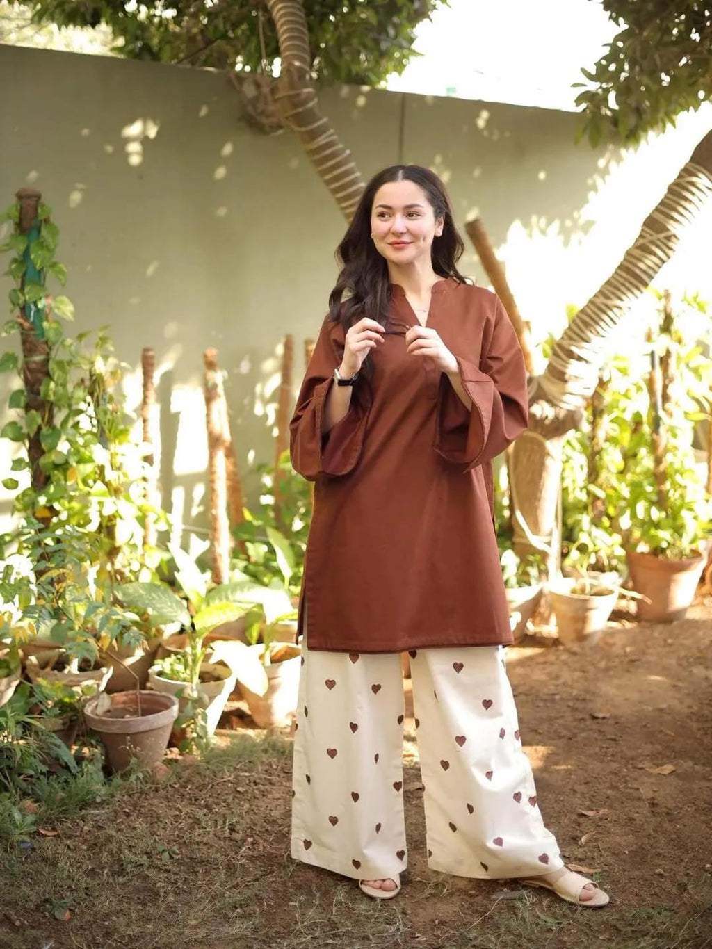 Brown V_Neck Cotton Set With Heart Embroidery