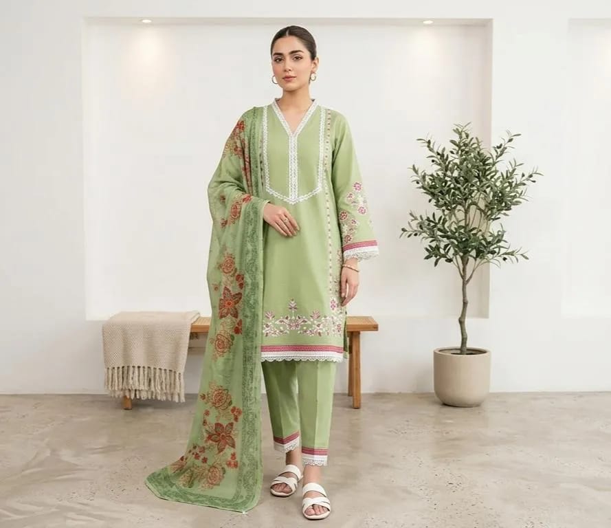 Elegant Pistachio Green Embroidered 3 Piece Suit for Women | Premium Lawn Dress with Printed Dupatta