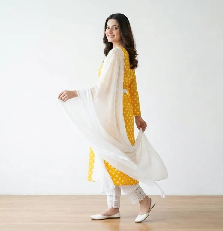 Elegant Yellow Polka Dot 3 Piece Suit for Women | Premium Lawn Dress with White Chiffon Dupatta