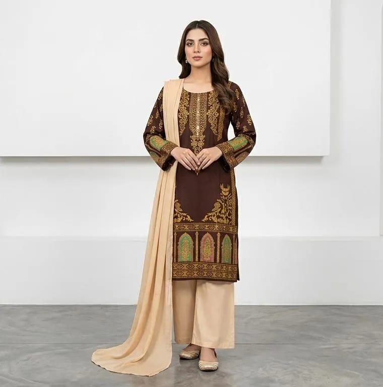 Elegant Brown Embroidered 3 Piece Suit for Women | Premium Lawn Dress with Chiffon Dupatta