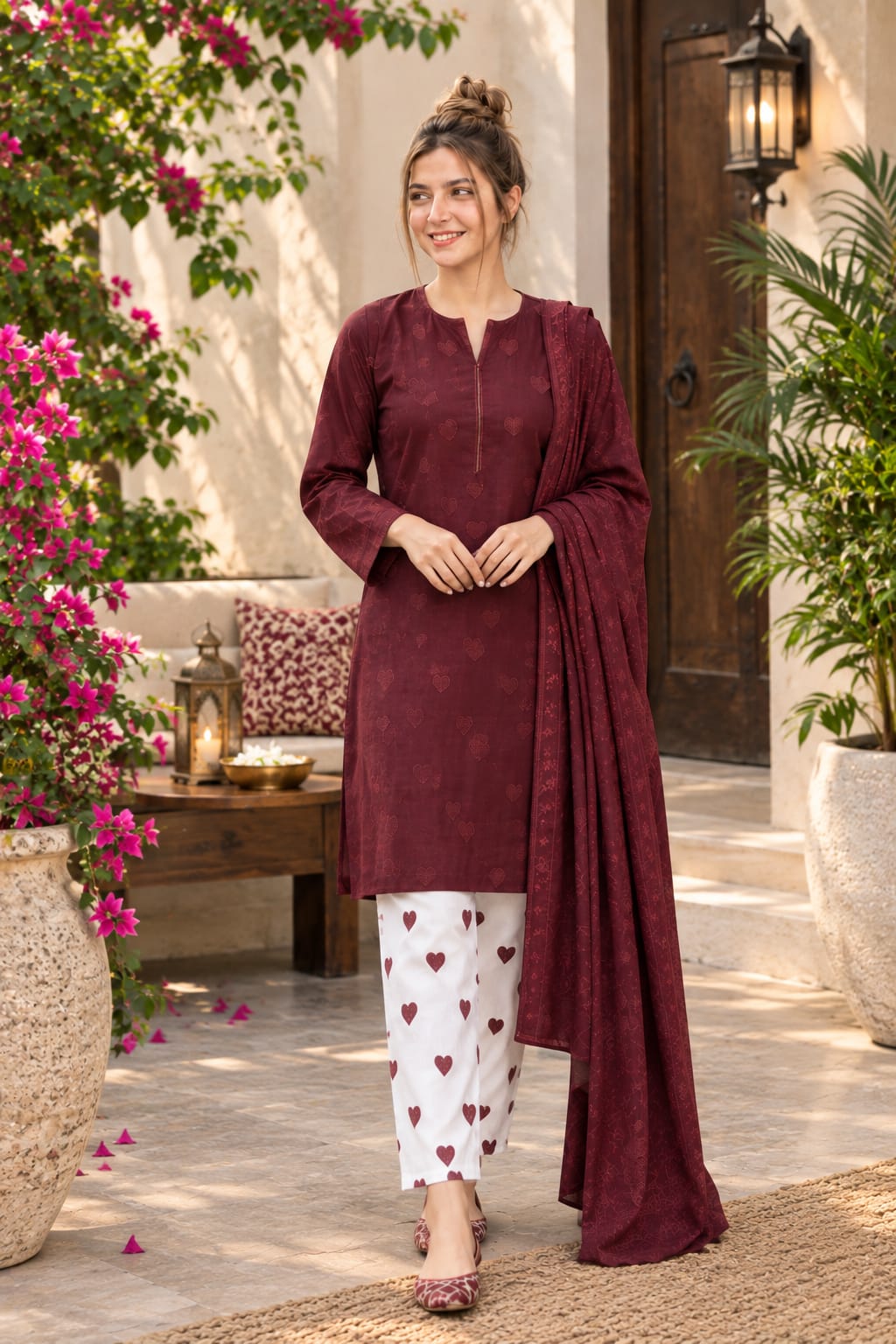 Elegant Maroon Printed Unstitched 3-Piece Suit