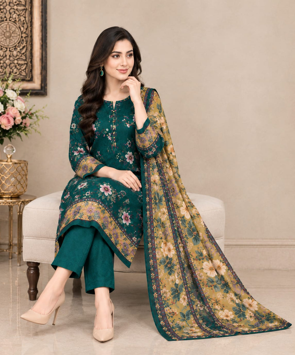 Elegant Teal Floral Printed Unstitched 3-Piece Suit