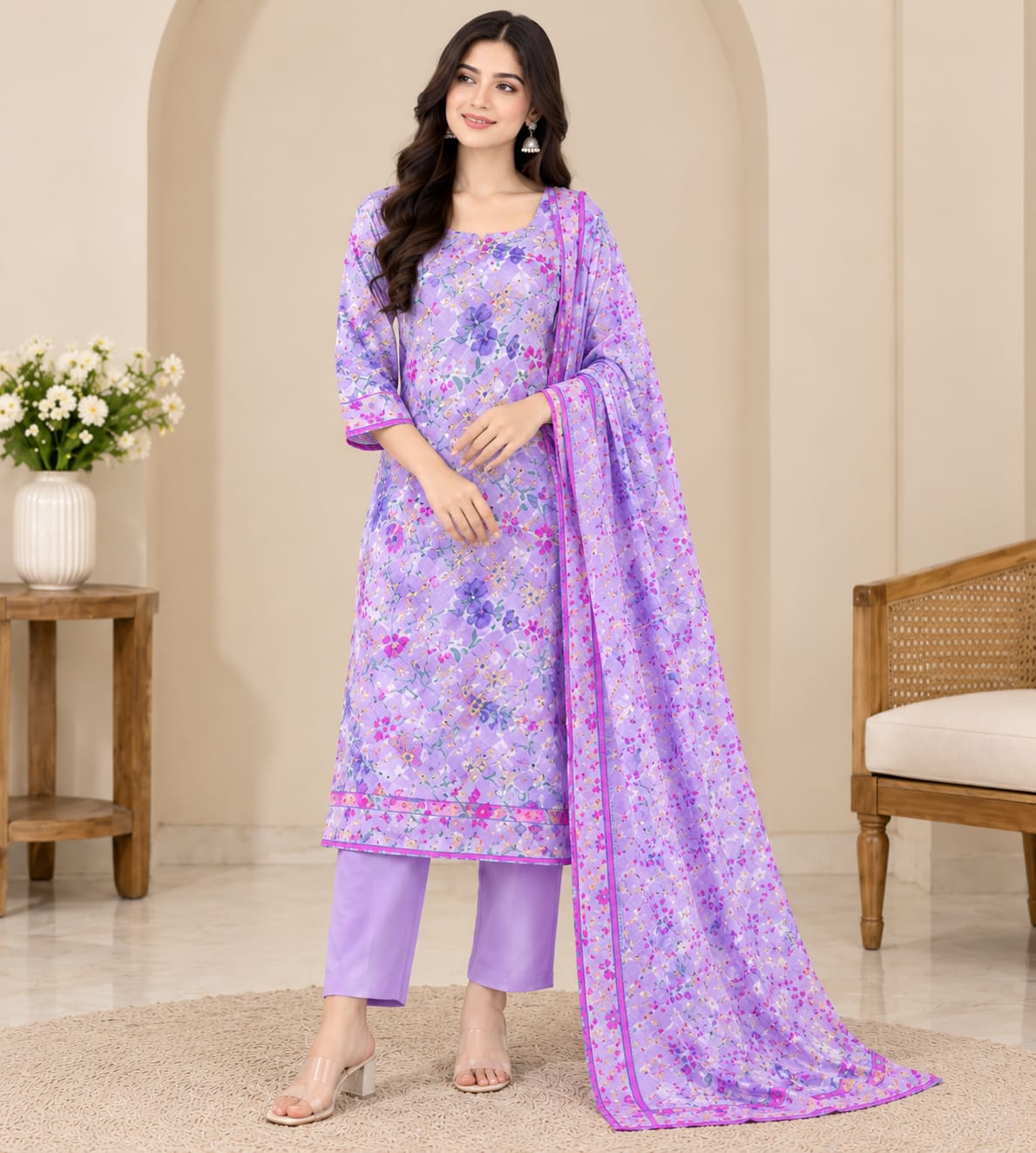 Lavender Bloom Digital Printed 3-Piece Suit
