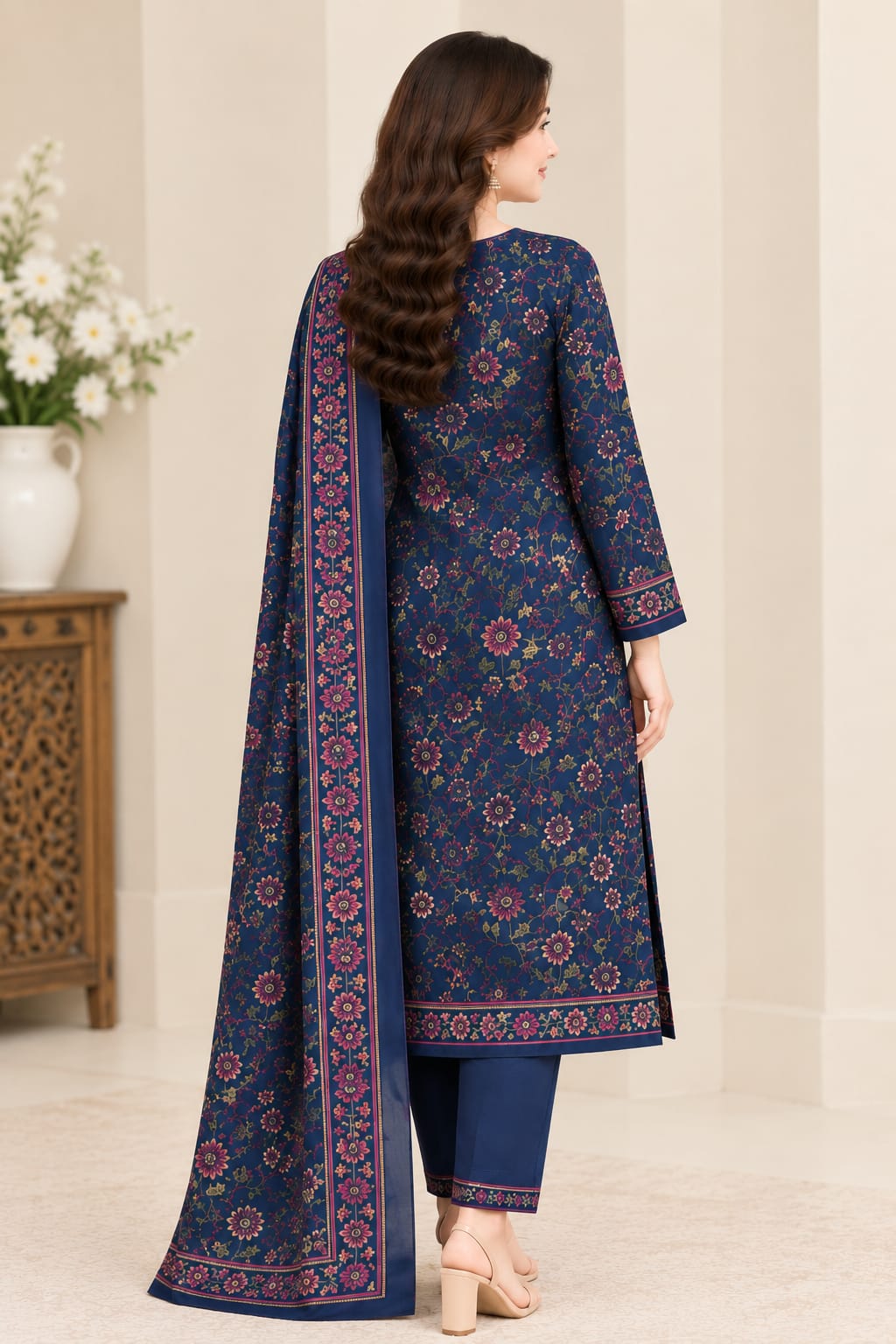 Dhanak 3PC Navy Blue Printed suit