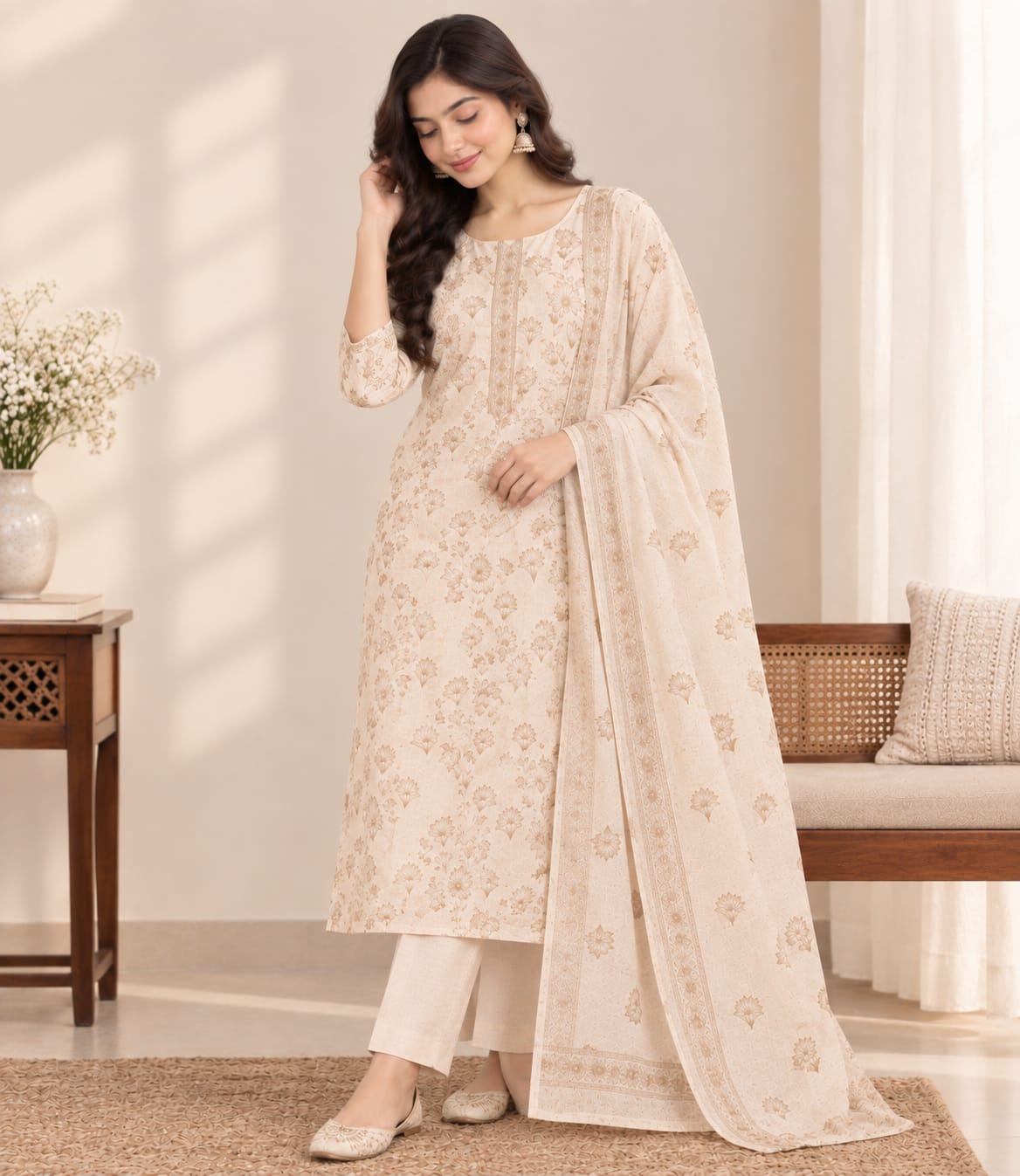 Cream Beige Floral 3-Piece Suit Unstitched