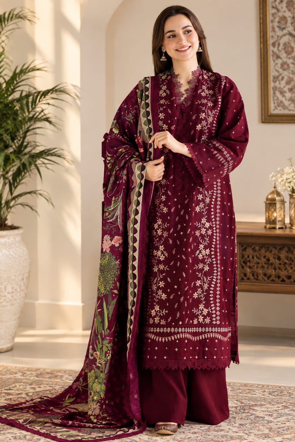 Maroon Izel Embroidered Dhanak 3-Piece Suit