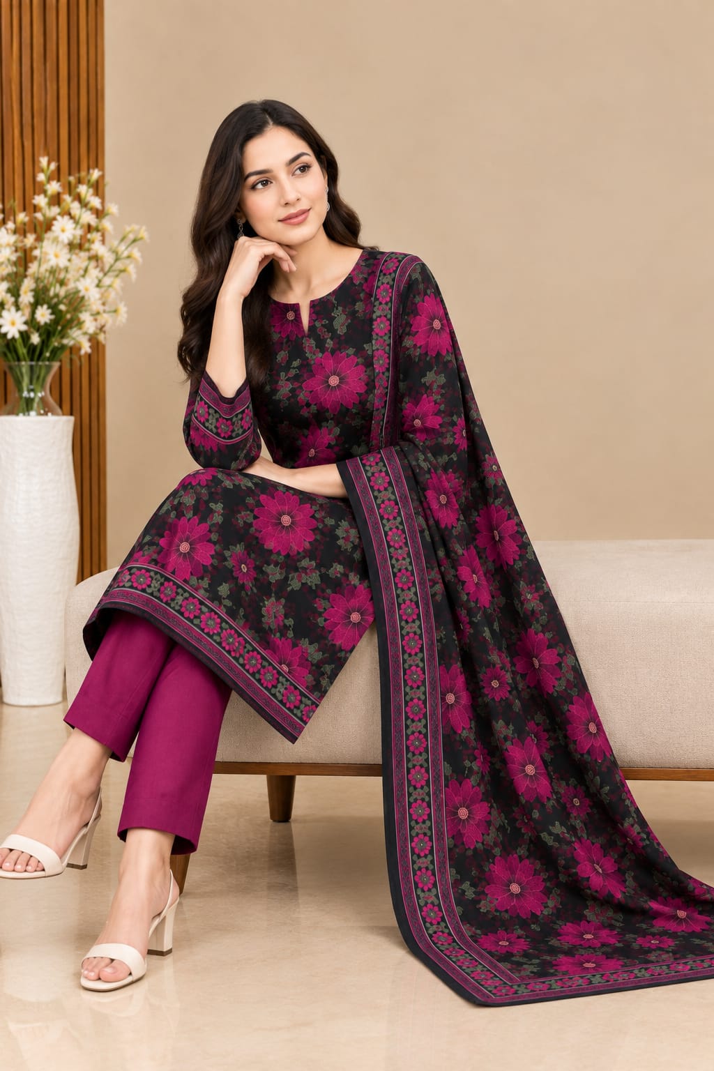 Black Magenta Dhanak Printed 3PC Suit