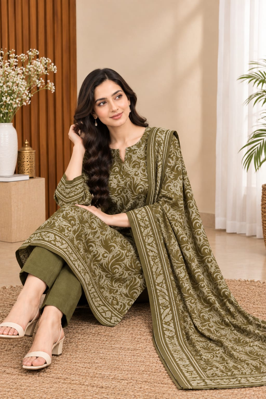 Olive Green 3PC Dhanak Suit unstitched