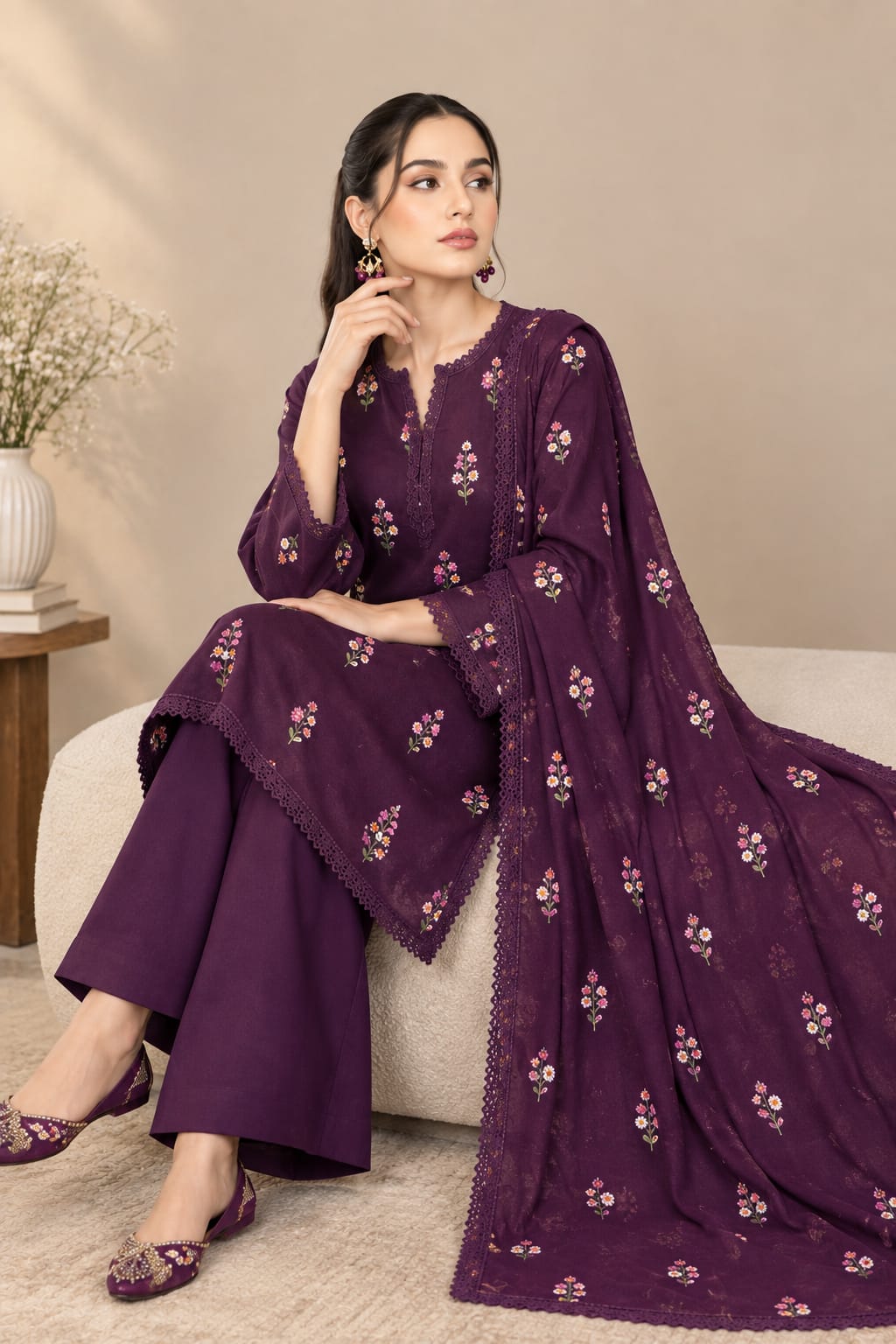 Aneels Purple Dhanak  3-Piece Suit