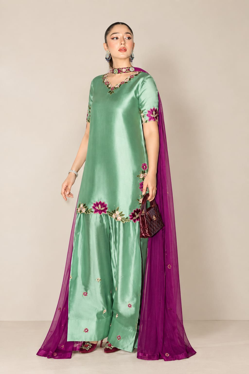 Mint Green Silk Embroidered 3-Piece Suit