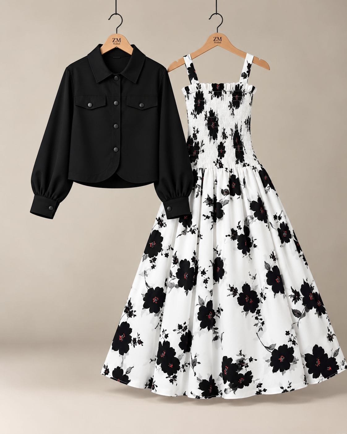 Black & White Floral Printed Maxi with Jacket