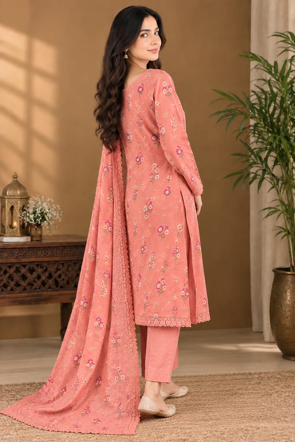 Aneels Peach Dhanak 3-Piece Suit