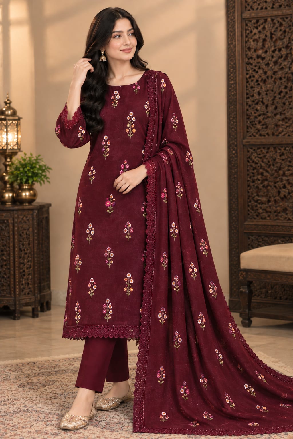 Aneels Maroon Dhanak 3-Piece Suit