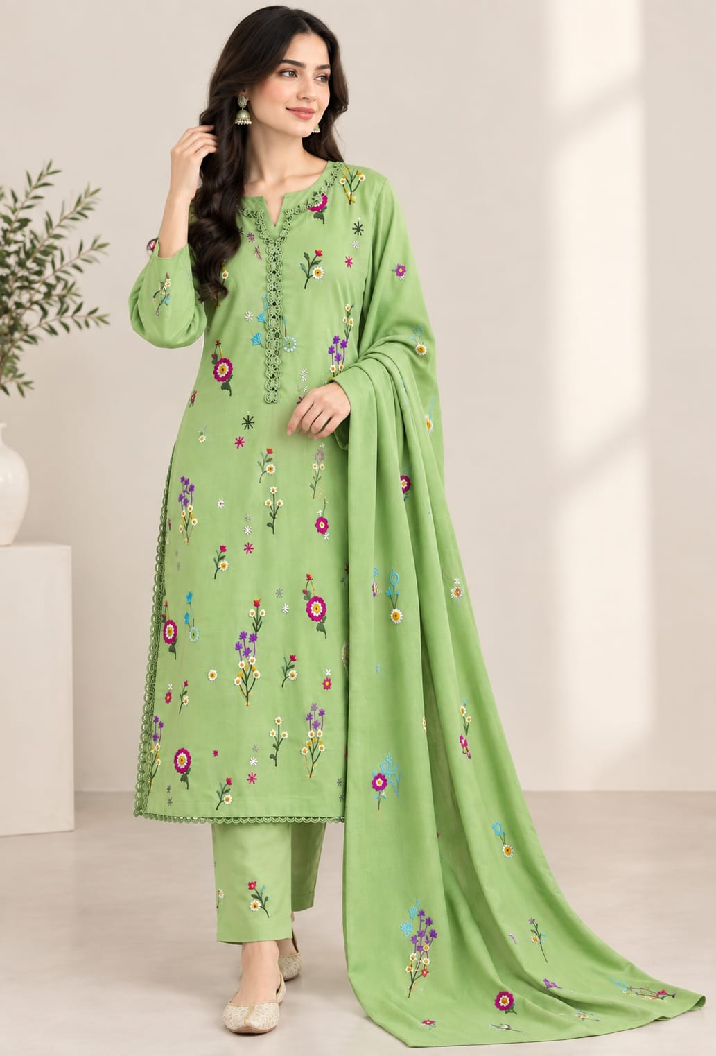 Light Green Dhanak 3-Piece Suit