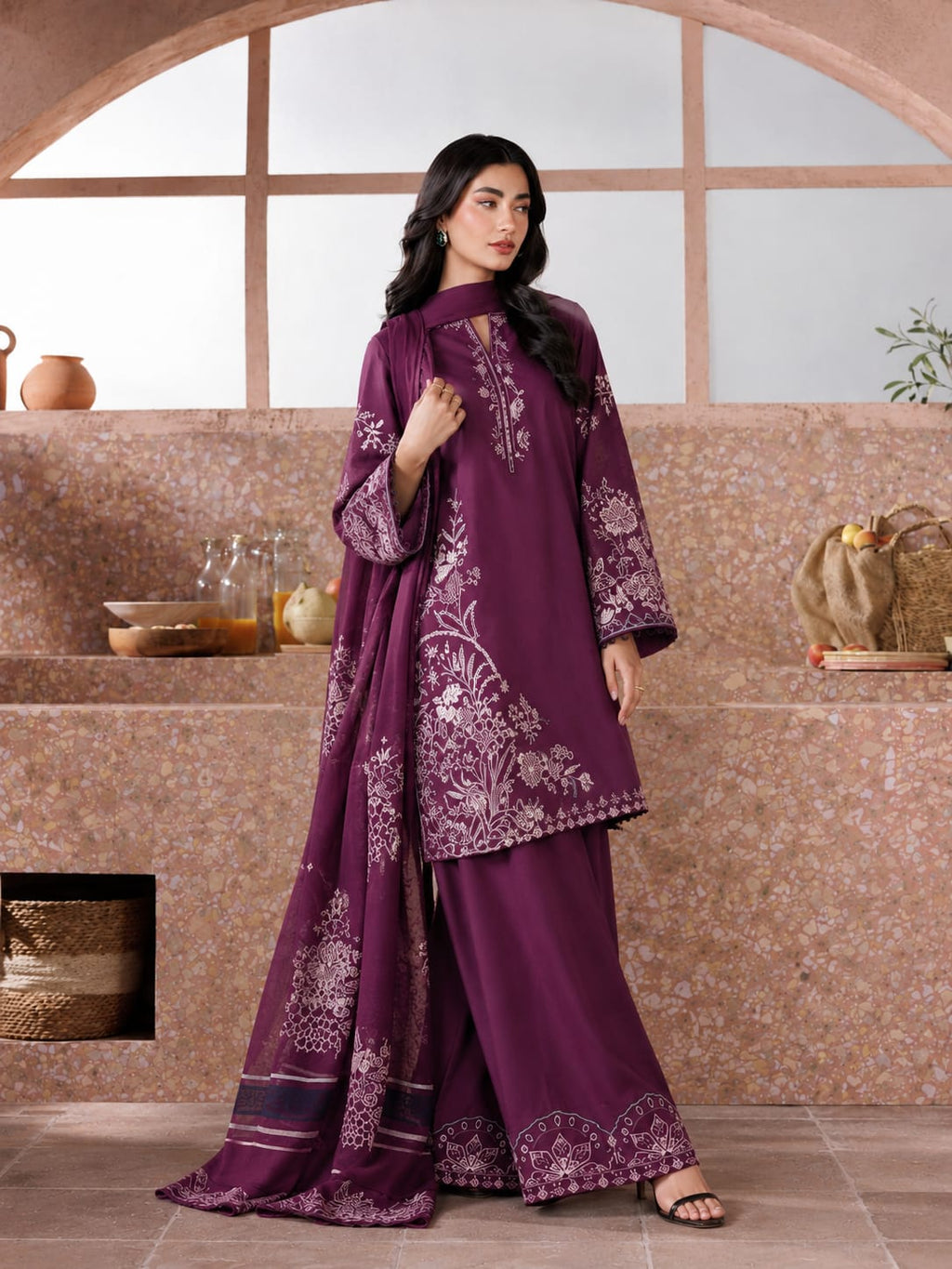 Izel Plum Purple Dhanak 3-Piece Suit