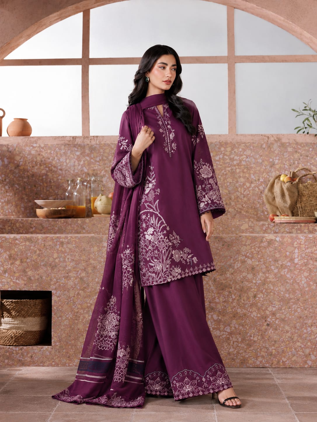Izel Plum Purple Dhanak 3-Piece Suit