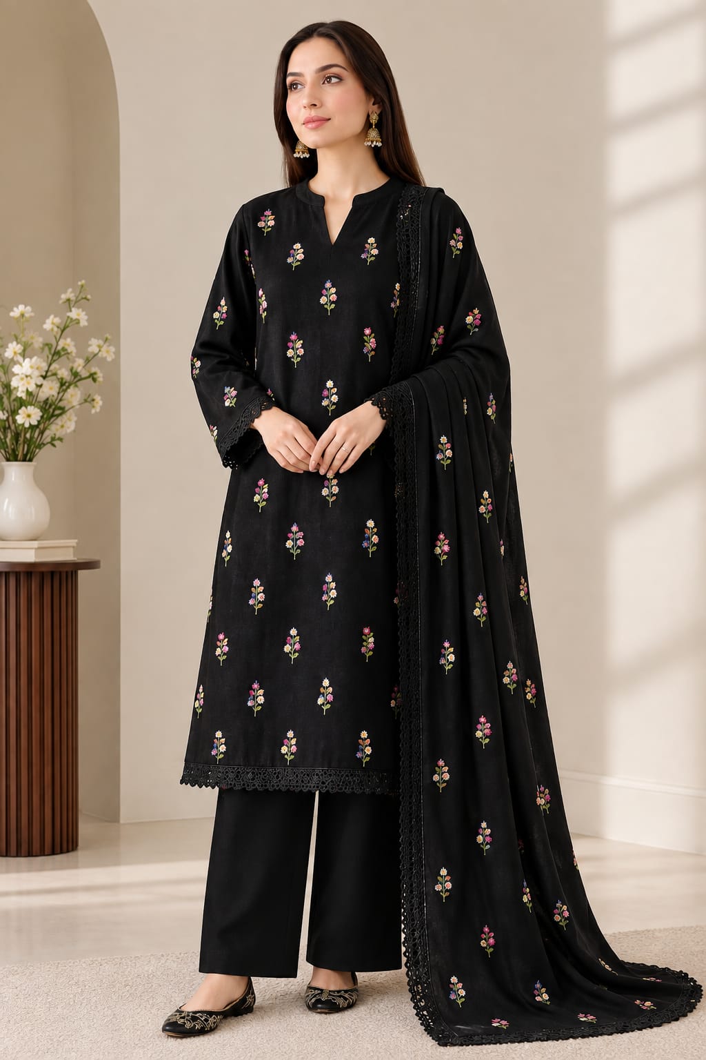 Aneels Black Dhanak 3-Piece Unstitched
