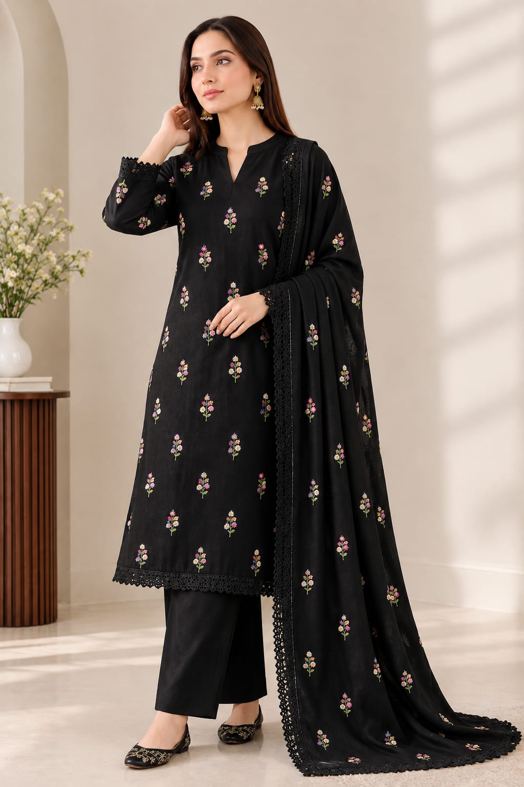 Aneels Black Dhanak 3-Piece Unstitched