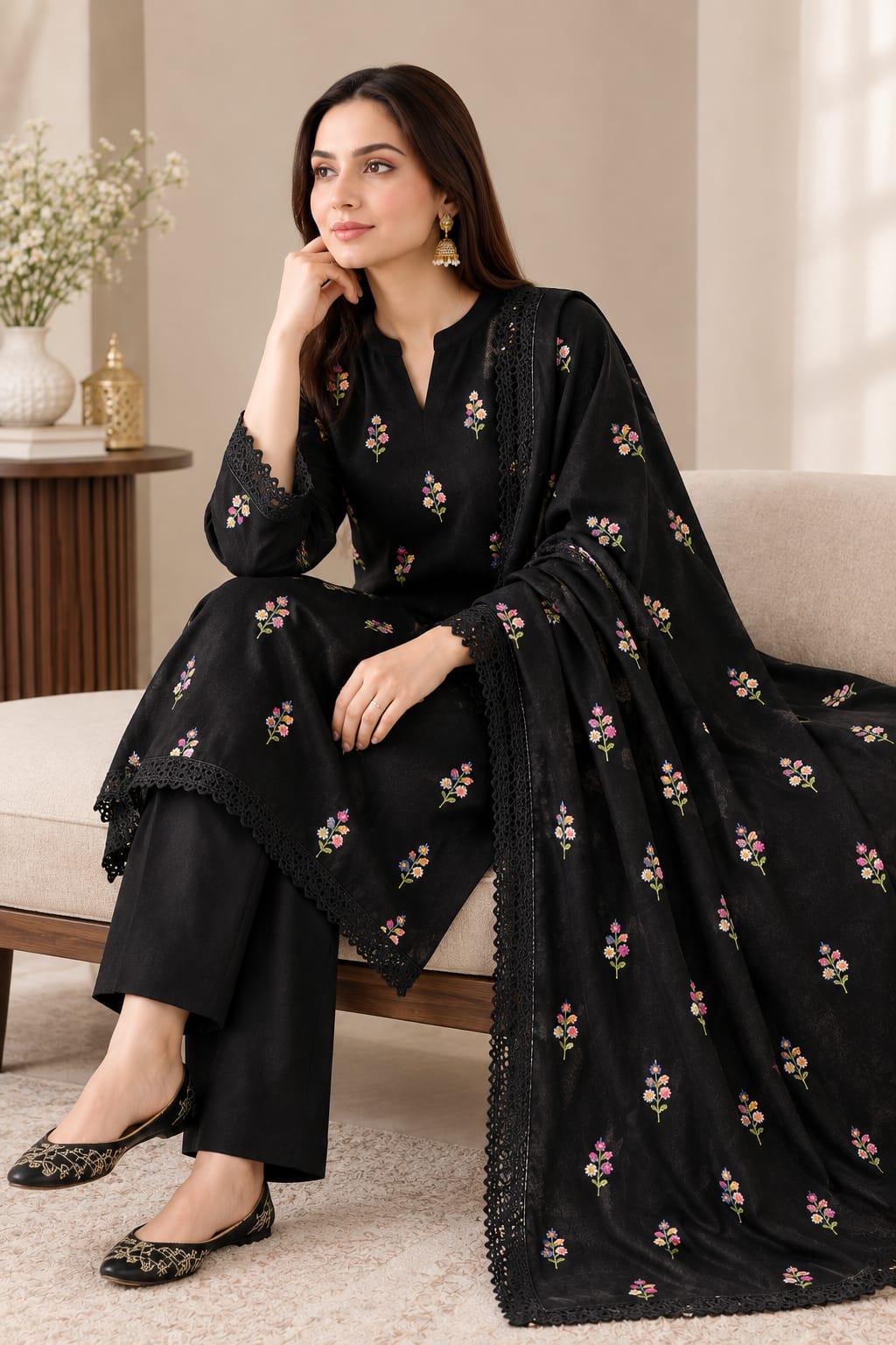 Aneels Black Dhanak 3-Piece Unstitched