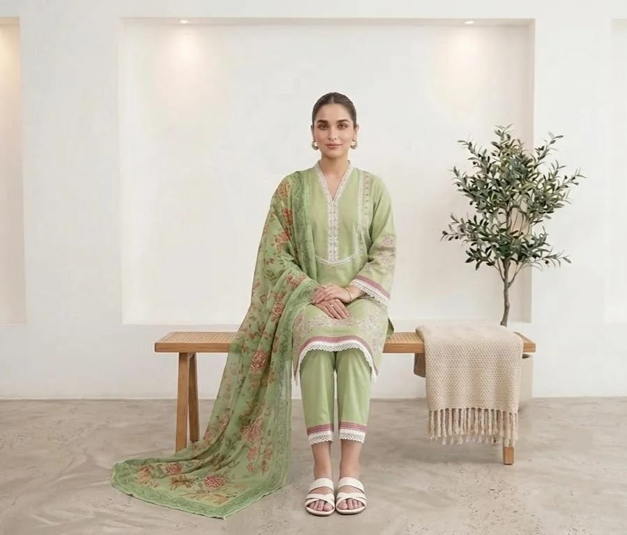 Elegant Pistachio Green Embroidered 3 Piece Suit for Women | Premium Lawn Dress with Printed Dupatta