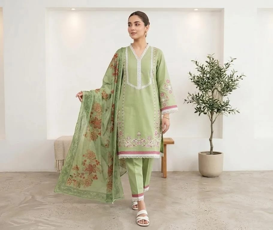 Elegant Pistachio Green Embroidered 3 Piece Suit for Women | Premium Lawn Dress with Printed Dupatta