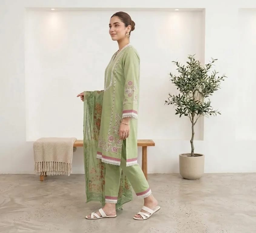 Elegant Pistachio Green Embroidered 3 Piece Suit for Women | Premium Lawn Dress with Printed Dupatta