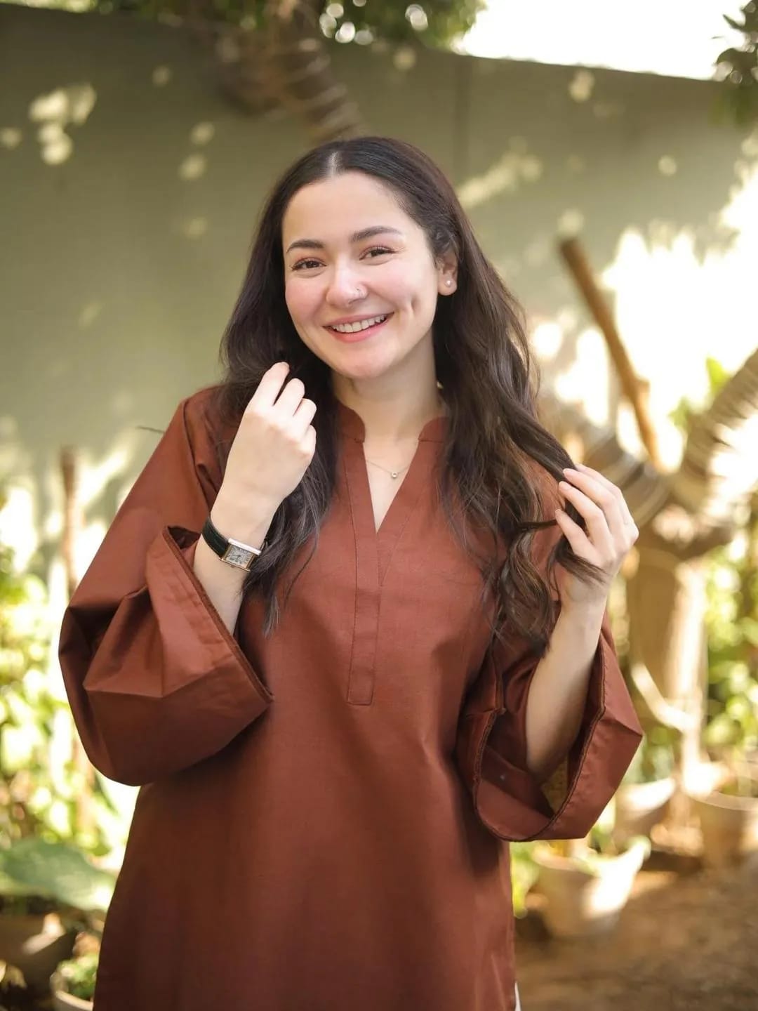 Brown V_Neck Cotton Set With Heart Embroidery