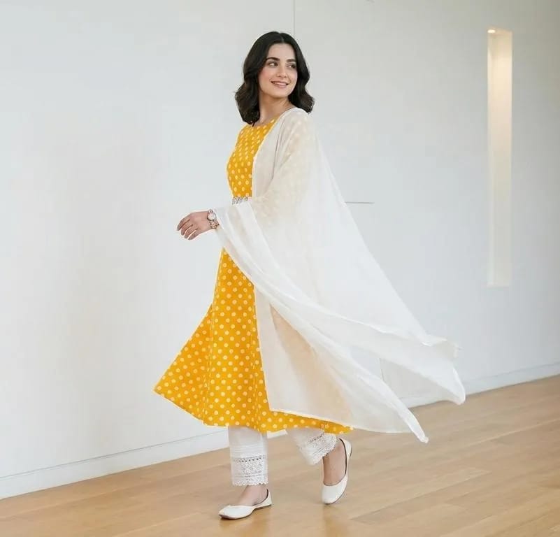 Elegant Yellow Polka Dot 3 Piece Suit for Women | Premium Lawn Dress with White Chiffon Dupatta