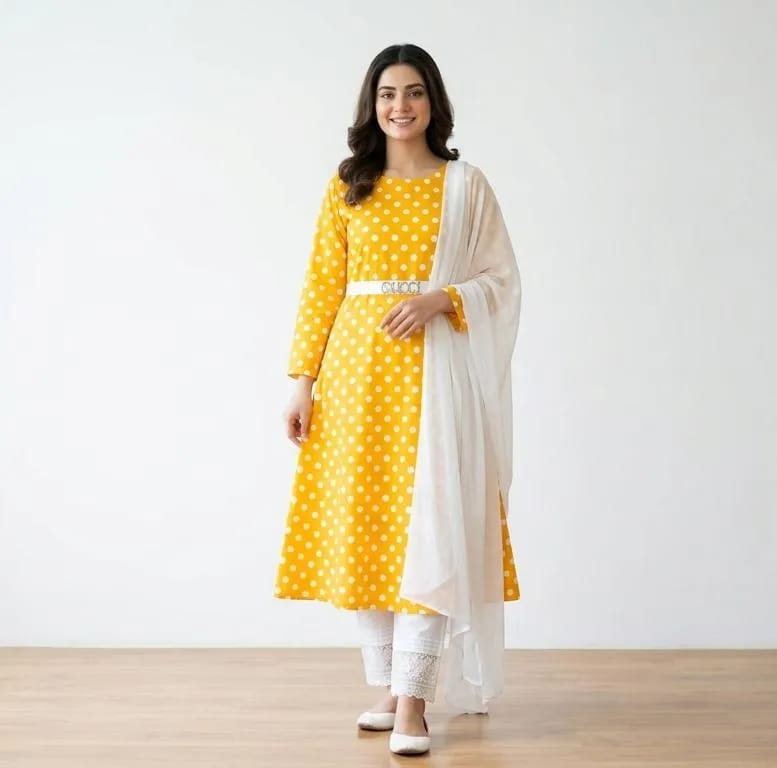 Elegant Yellow Polka Dot 3 Piece Suit for Women | Premium Lawn Dress with White Chiffon Dupatta