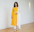 Elegant Yellow Polka Dot 3 Piece Suit for Women | Premium Lawn Dress with White Chiffon Dupatta