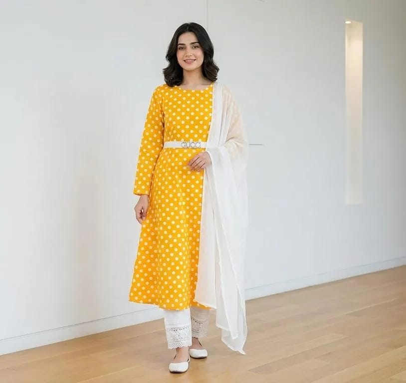 Elegant Yellow Polka Dot 3 Piece Suit for Women | Premium Lawn Dress with White Chiffon Dupatta