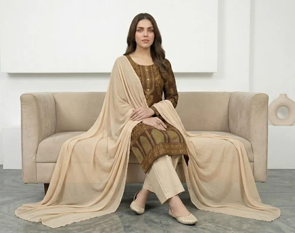 Elegant Brown Embroidered 3 Piece Suit for Women | Premium Lawn Dress with Chiffon Dupatta