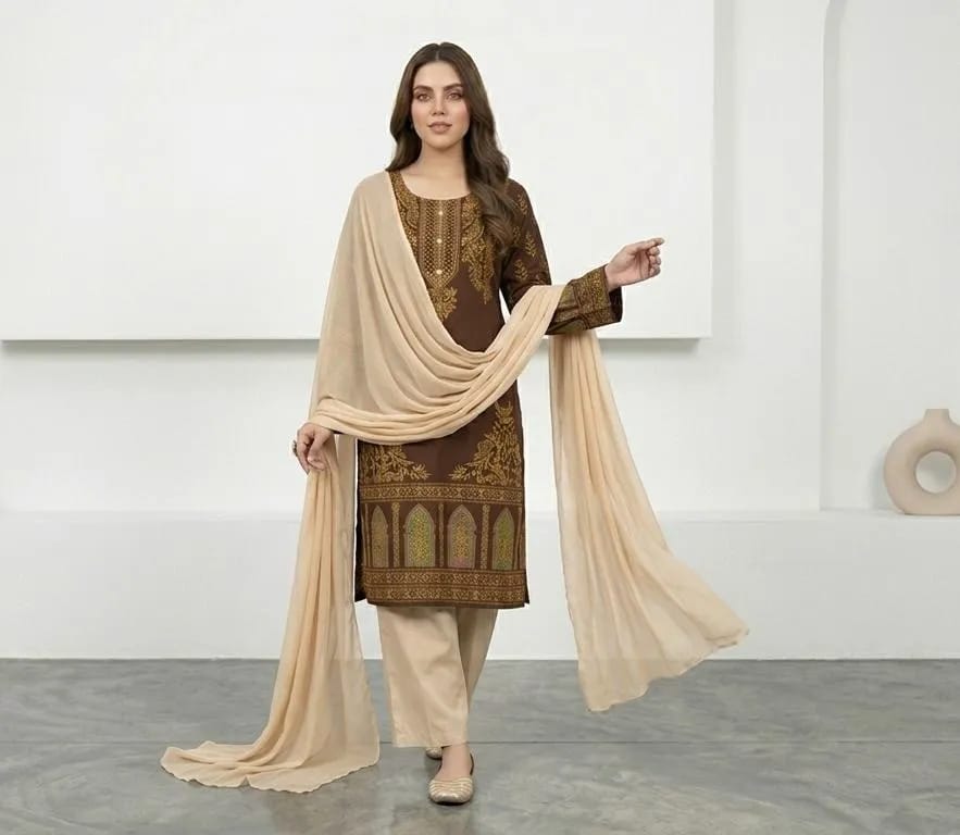 Elegant Brown Embroidered 3 Piece Suit for Women | Premium Lawn Dress with Chiffon Dupatta