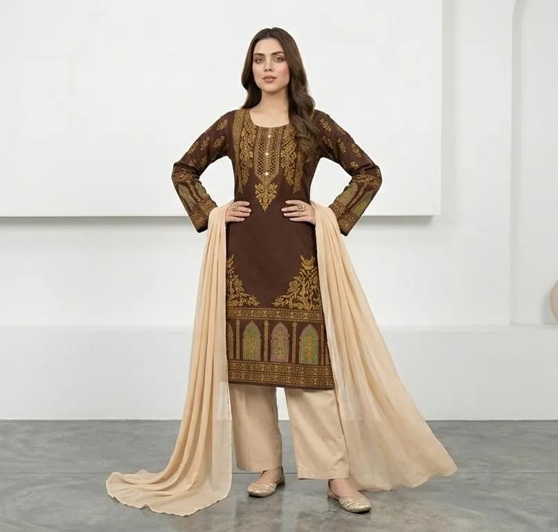 Elegant Brown Embroidered 3 Piece Suit for Women | Premium Lawn Dress with Chiffon Dupatta